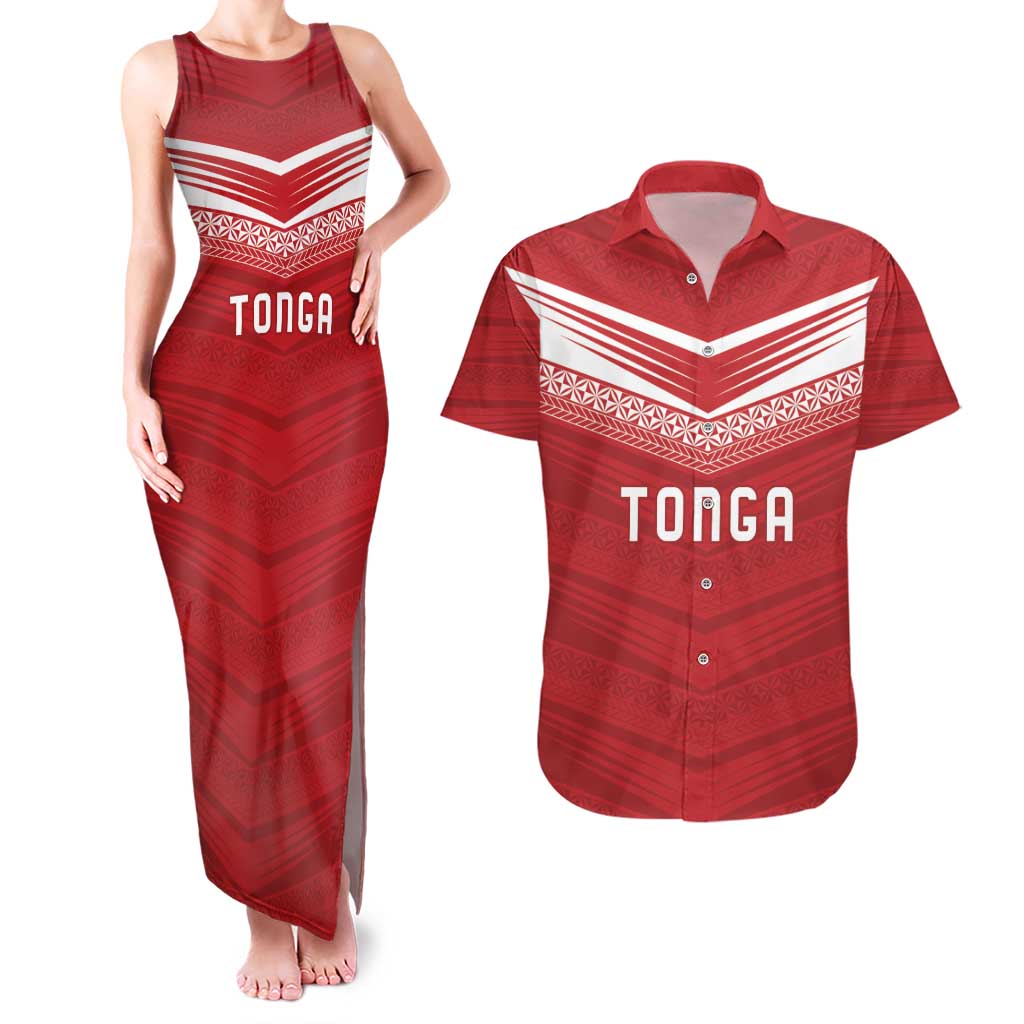 Custom Pacific Rugby Spirit Couples Matching Tank Maxi Dress and Hawaiian Shirt Tonga Ngatu Pride Red Edition - Polynesian Pride