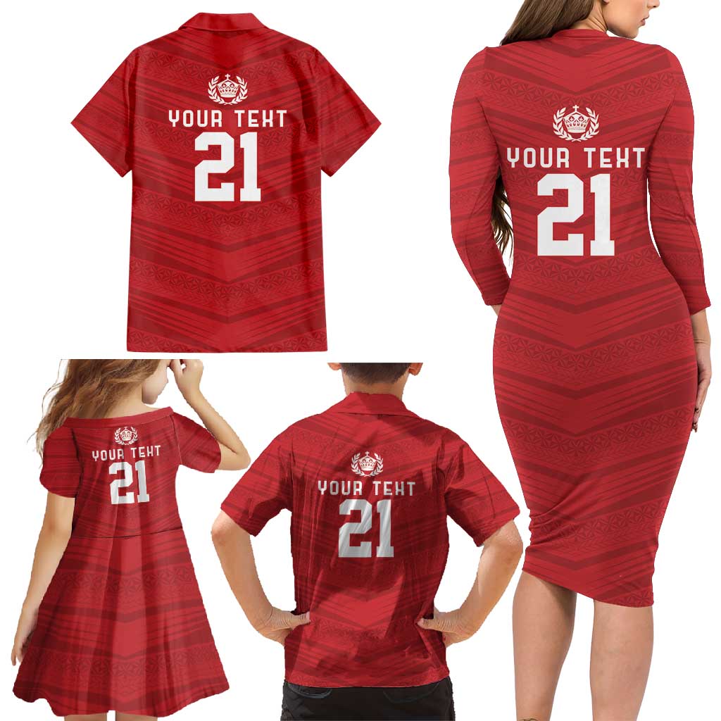 Custom Pacific Rugby Spirit Family Matching Long Sleeve Bodycon Dress and Hawaiian Shirt Tonga Ngatu Pride Red Edition - Polynesian Pride