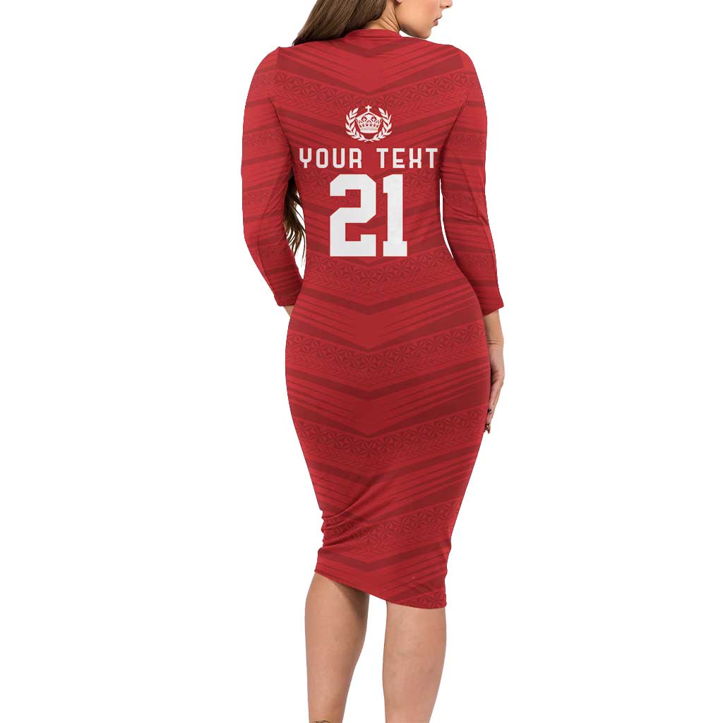Custom Pacific Rugby Spirit Family Matching Long Sleeve Bodycon Dress and Hawaiian Shirt Tonga Ngatu Pride Red Edition - Polynesian Pride