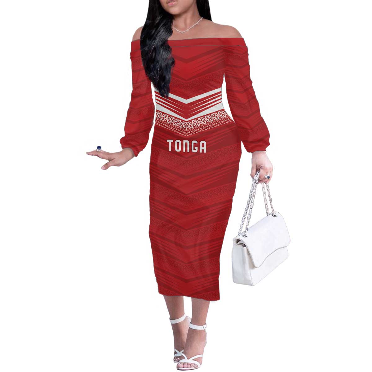 Custom Pacific Rugby Spirit Family Matching Off The Shoulder Long Sleeve Dress and Hawaiian Shirt Tonga Ngatu Pride Red Edition - Polynesian Pride