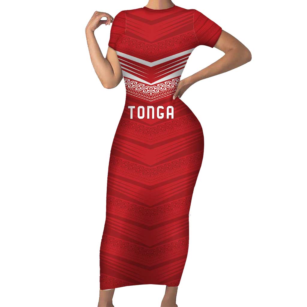 Custom Pacific Rugby Spirit Family Matching Short Sleeve Bodycon Dress and Hawaiian Shirt Tonga Ngatu Pride Red Edition - Polynesian Pride