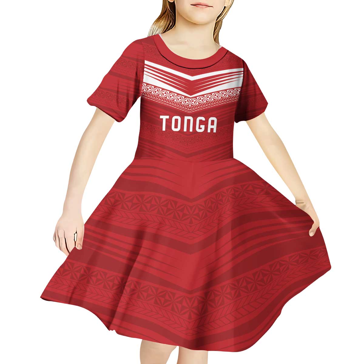 Custom Pacific Rugby Spirit Kid Short Sleeve Dress Tonga Ngatu Pride Red Edition - Polynesian Pride