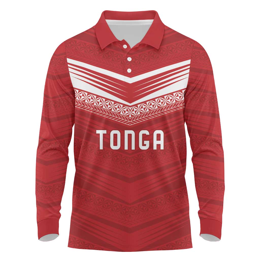 Custom Pacific Rugby Spirit Long Sleeve Polo Shirt Tonga Ngatu Pride Red Edition - Polynesian Pride