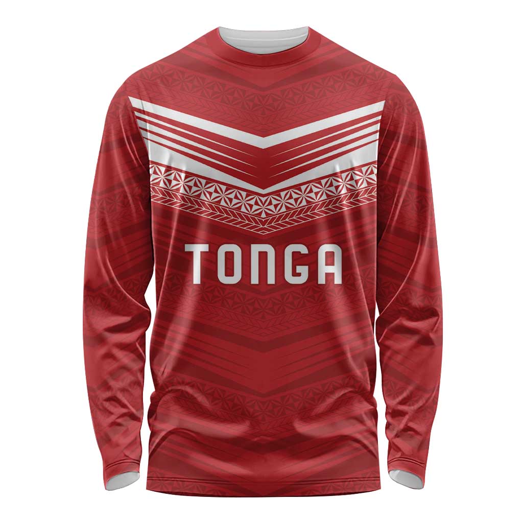 Custom Pacific Rugby Spirit Long Sleeve Shirt Tonga Ngatu Pride Red Edition - Polynesian Pride