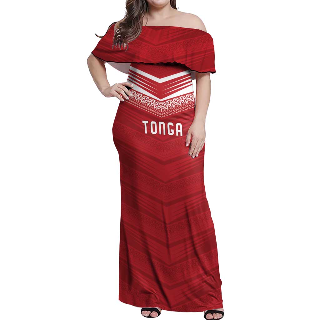 Custom Pacific Rugby Spirit Off Shoulder Maxi Dress Tonga Ngatu Pride Red Edition LT9 Women Red - Polynesian Pride