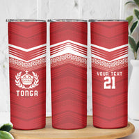 Custom Pacific Rugby Spirit Skinny Tumbler Tonga Ngatu Pride Red Edition - Polynesian Pride
