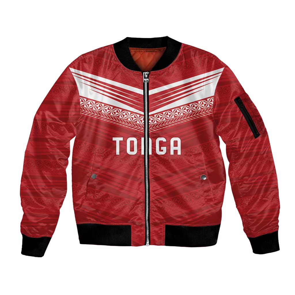 Custom Pacific Rugby Spirit Sleeve Zip Bomber Jacket Tonga Ngatu Pride Red Edition - Polynesian Pride