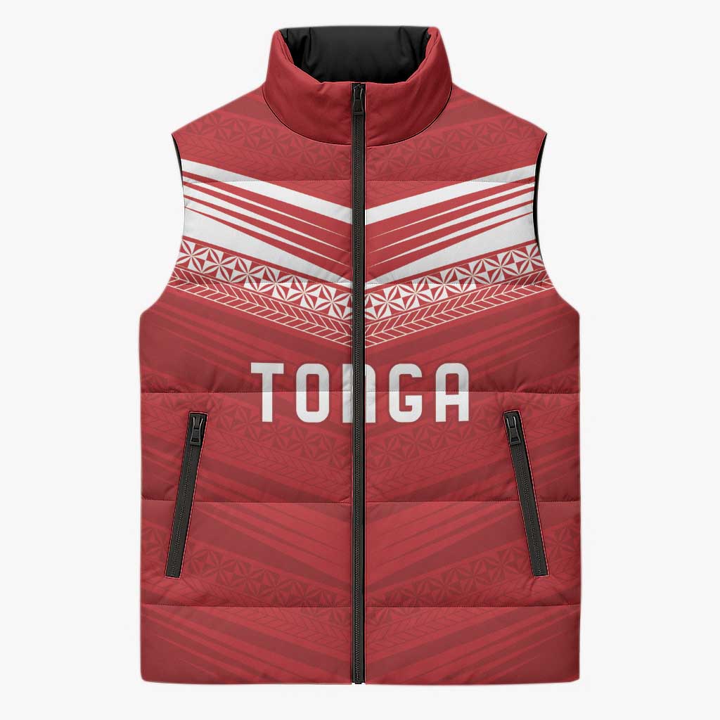 Custom Pacific Rugby Spirit Sleeveless Puffer Jacket Tonga Ngatu Pride Red Edition - Polynesian Pride