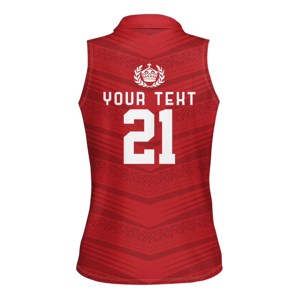 Custom Pacific Rugby Spirit Women Sleeveless Polo Shirt Tonga Ngatu Pride Red Edition - Polynesian Pride