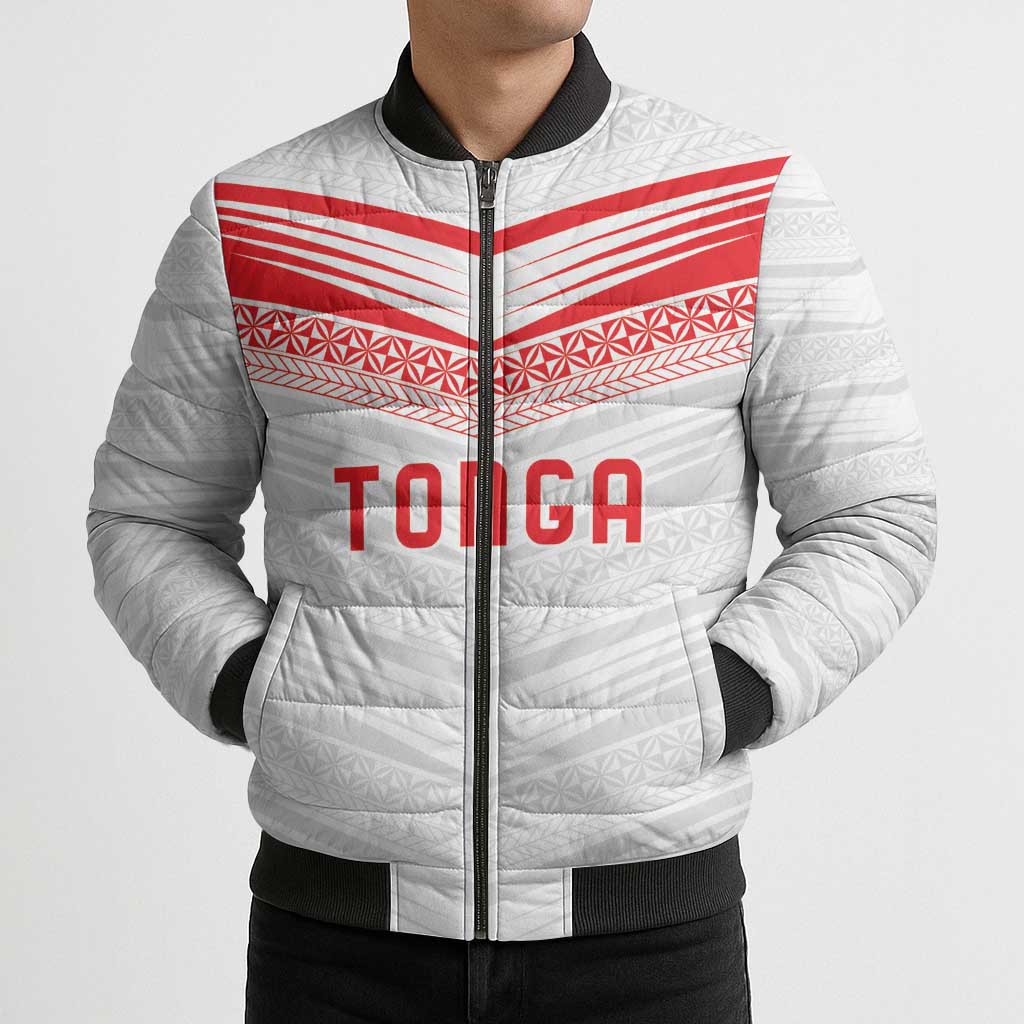 Custom Pacific Rugby Spirit Bomber Puffer Jacket Tonga Ngatu Pride White Edition - Polynesian Pride