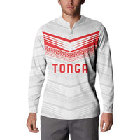 Custom Pacific Rugby Spirit Button Sweatshirt Tonga Ngatu Pride White Edition - Polynesian Pride