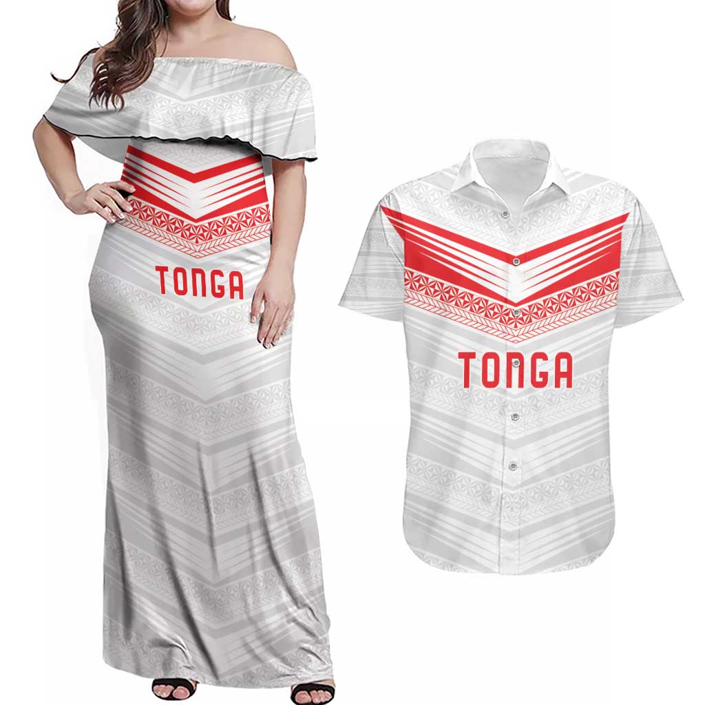 Custom Pacific Rugby Spirit Couples Matching Off Shoulder Maxi Dress and Hawaiian Shirt Tonga Ngatu Pride White Edition - Polynesian Pride