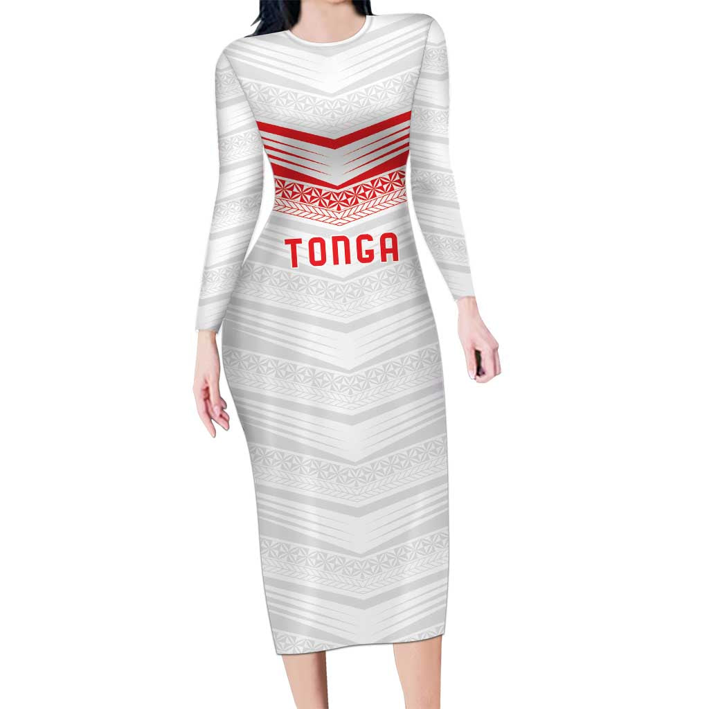 Custom Pacific Rugby Spirit Family Matching Long Sleeve Bodycon Dress and Hawaiian Shirt Tonga Ngatu Pride White Edition - Polynesian Pride