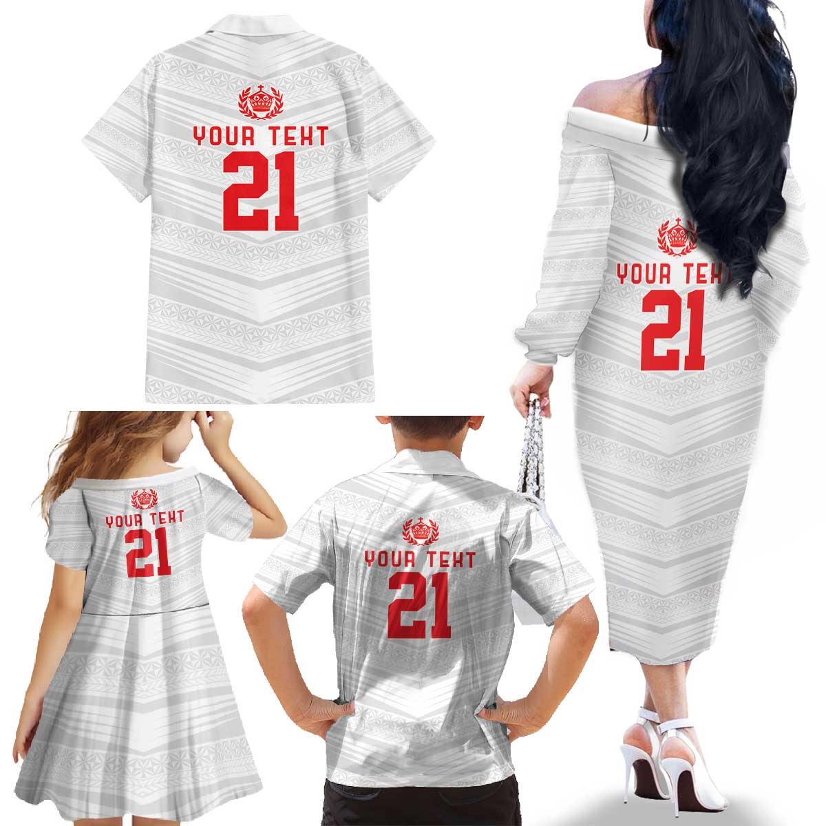 Custom Pacific Rugby Spirit Family Matching Off The Shoulder Long Sleeve Dress and Hawaiian Shirt Tonga Ngatu Pride White Edition - Polynesian Pride