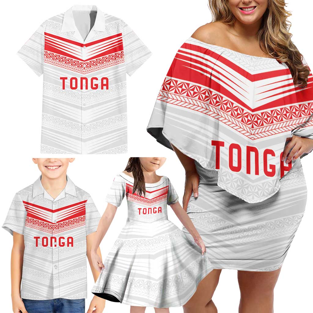 Custom Pacific Rugby Spirit Family Matching Off Shoulder Short Dress and Hawaiian Shirt Tonga Ngatu Pride White Edition - Polynesian Pride