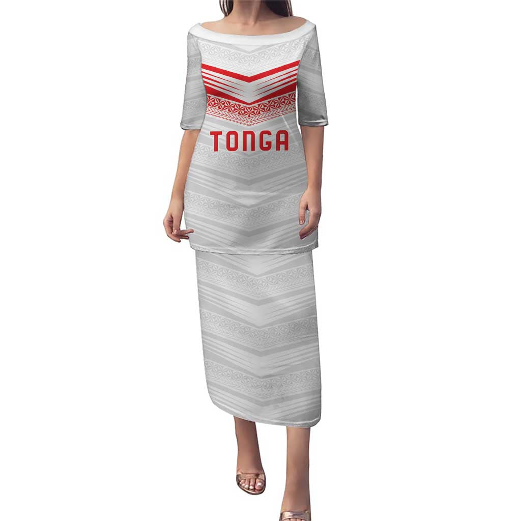 Custom Pacific Rugby Spirit Puletasi Tonga Ngatu Pride White Edition LT9 Long Dress White - Polynesian Pride