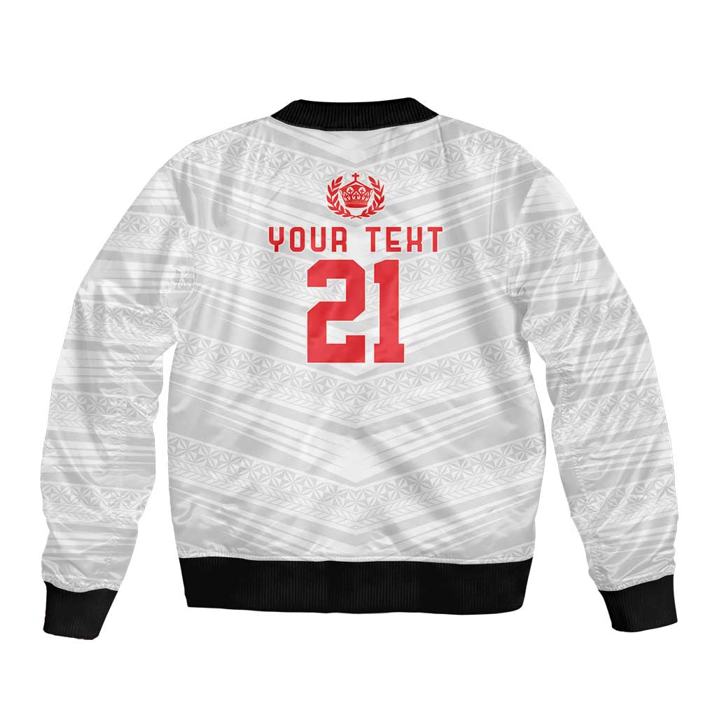 Custom Pacific Rugby Spirit Sleeve Zip Bomber Jacket Tonga Ngatu Pride White Edition LT9 - Polynesian Pride