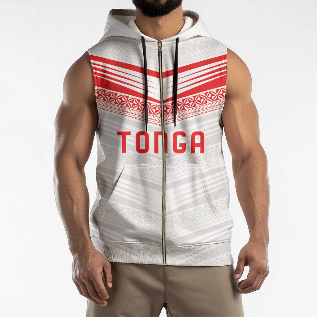 Custom Pacific Rugby Spirit Sleeveless Zip Hoodie Tonga Ngatu Pride White Edition - Polynesian Pride