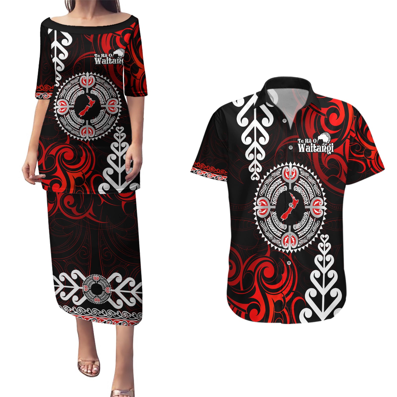 New Zealand Waitangi Day Personalised Couples Matching Puletasi and Hawaiian Shirt Aotearoa Te Ra O Waitangi With Maori Tattoo LT9 Red - Polynesian Pride