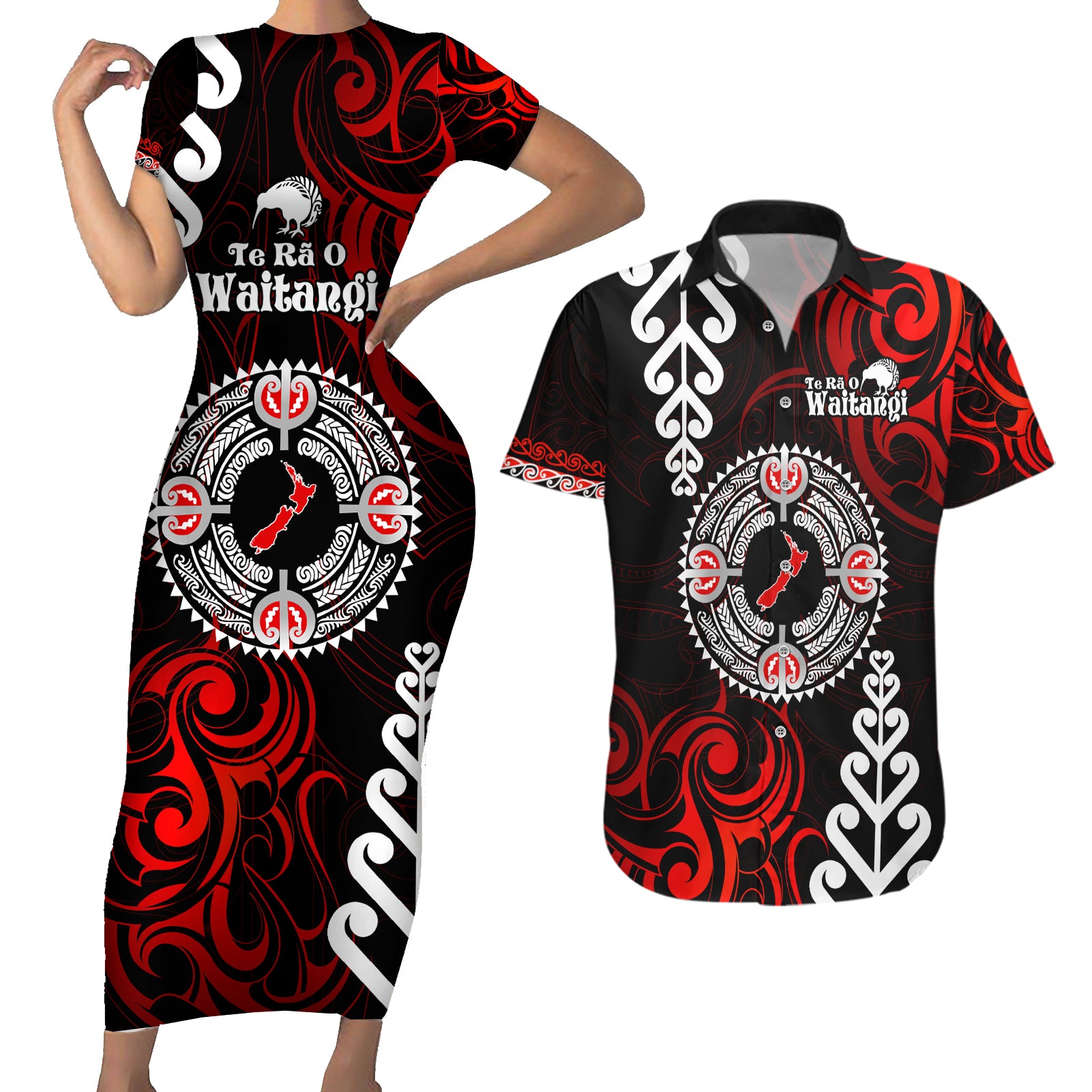 New Zealand Waitangi Day Personalised Couples Matching Short Sleeve Bodycon Dress and Hawaiian Shirt Aotearoa Te Ra O Waitangi With Maori Tattoo LT9 Red - Polynesian Pride