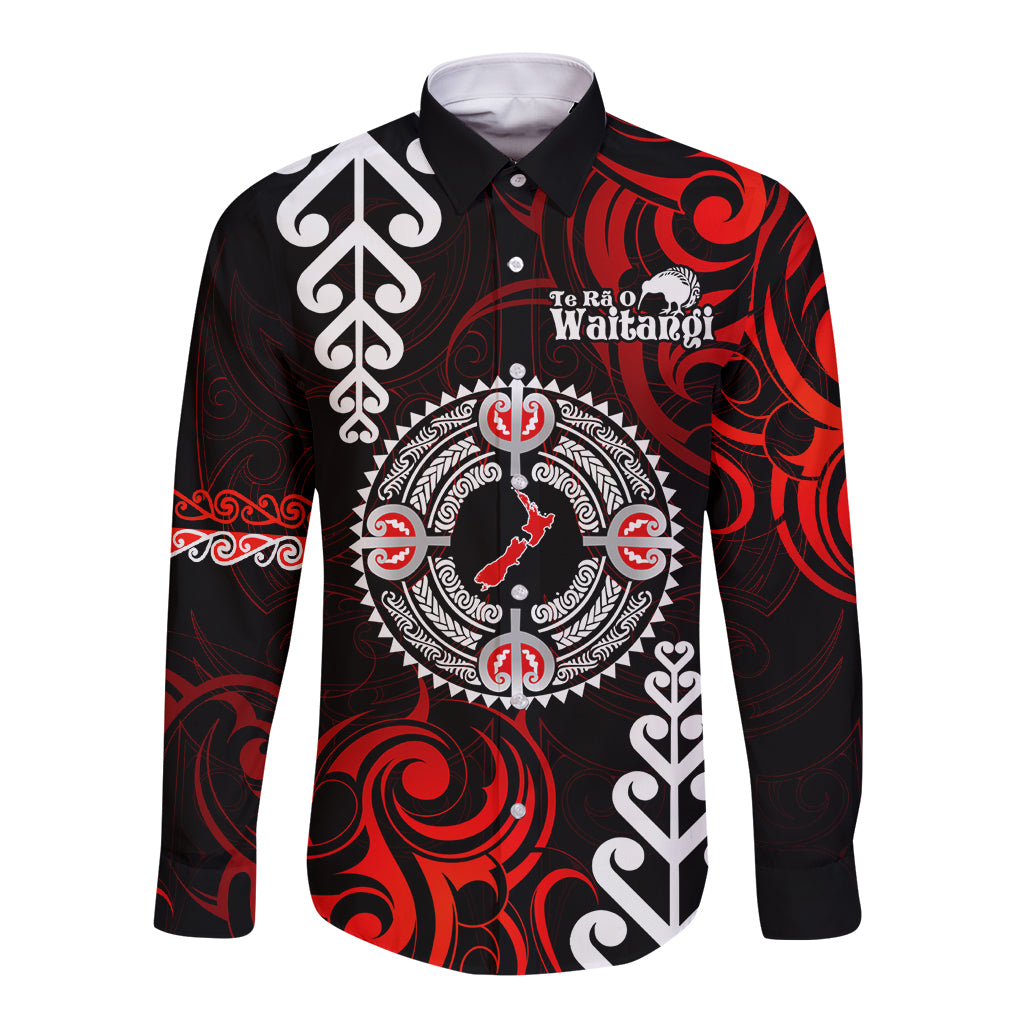 New Zealand Waitangi Day Personalised Long Sleeve Button Shirt Aotearoa Te Ra O Waitangi With Maori Tattoo LT9 Unisex Red - Polynesian Pride