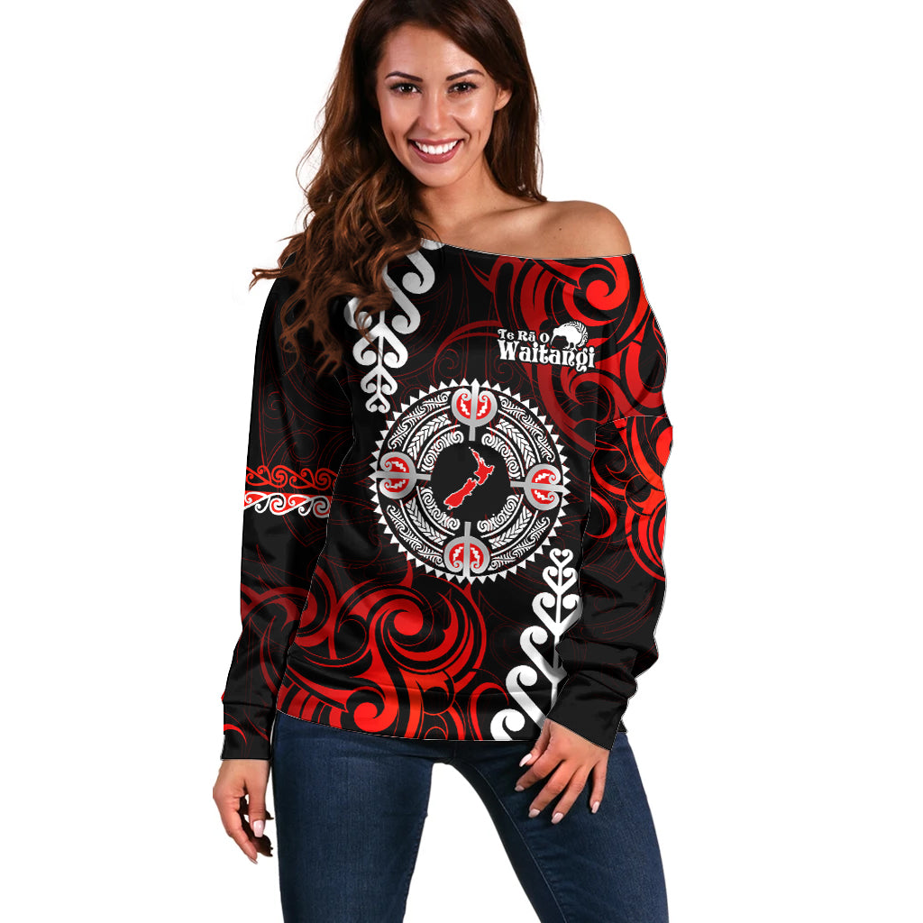 New Zealand Waitangi Day Personalised Off Shoulder Sweater Aotearoa Te Ra O Waitangi With Maori Tattoo LT9 Women Red - Polynesian Pride