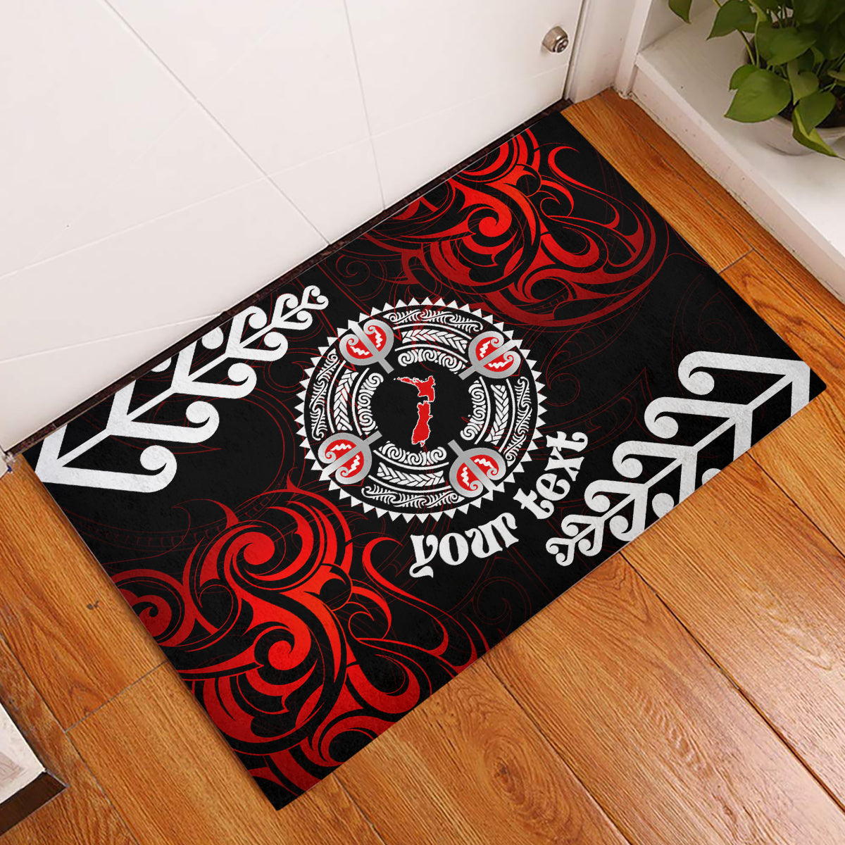 New Zealand Waitangi Day Personalised Rubber Doormat Aotearoa Te Ra O Waitangi With Maori Tattoo LT9 Red - Polynesian Pride