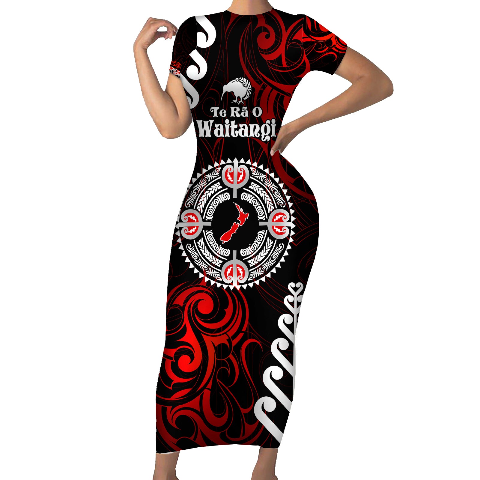 New Zealand Waitangi Day Personalised Short Sleeve Bodycon Dress Aotearoa Te Ra O Waitangi With Maori Tattoo LT9 Long Dress Red - Polynesian Pride