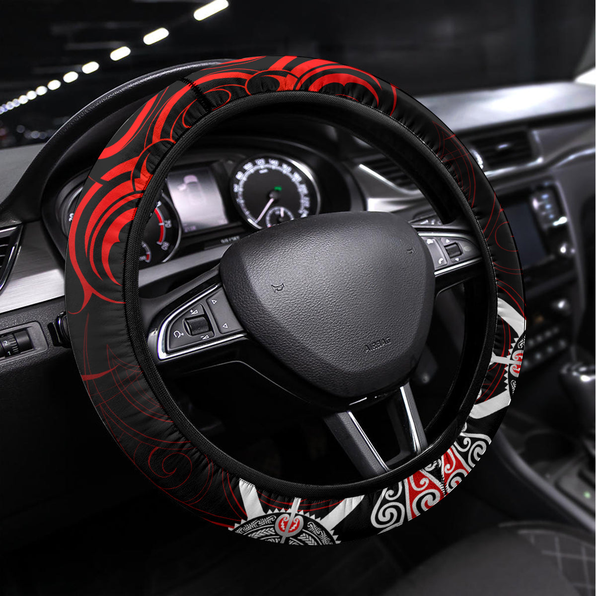 New Zealand Waitangi Day Personalised Steering Wheel Cover Aotearoa Te Ra O Waitangi With Maori Tattoo LT9 Universal Fit Red - Polynesian Pride