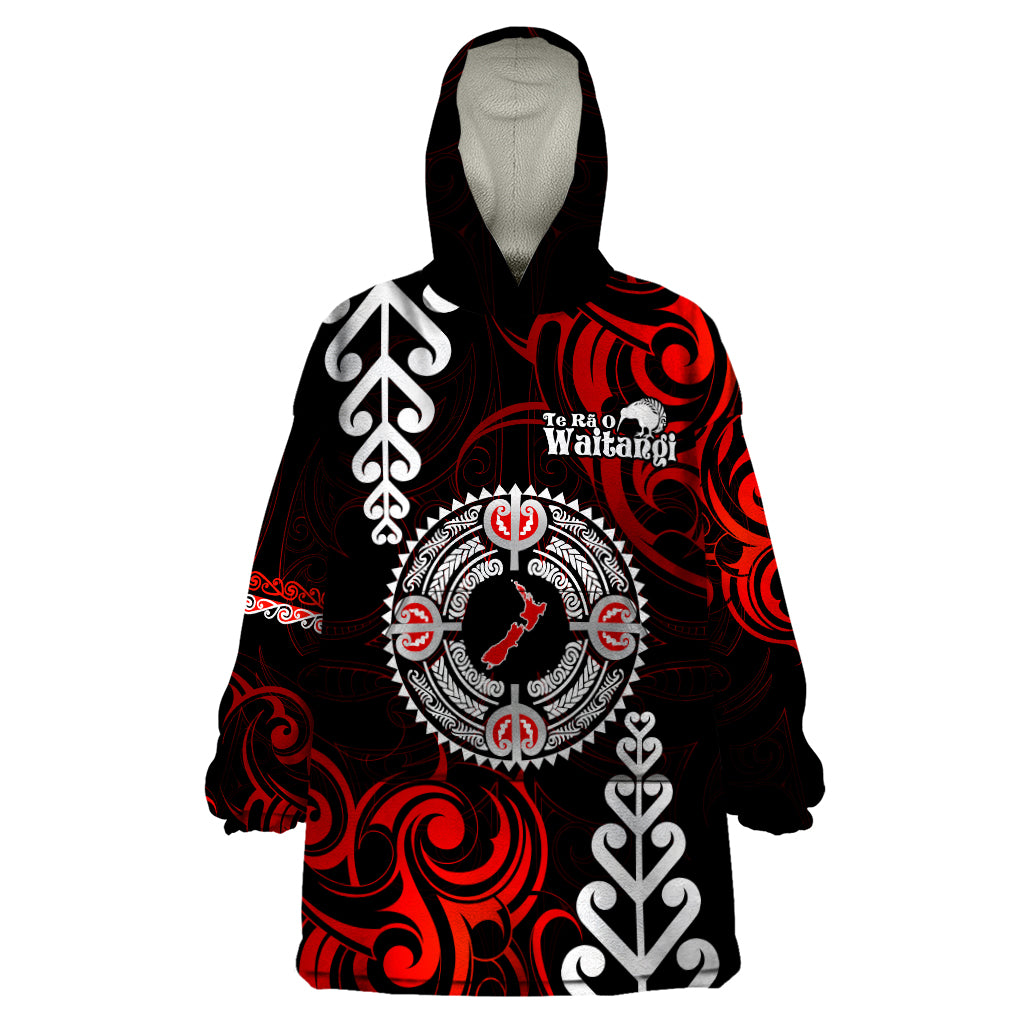 New Zealand Waitangi Day Personalised Wearable Blanket Hoodie Aotearoa Te Ra O Waitangi With Maori Tattoo LT9 One Size Red - Polynesian Pride