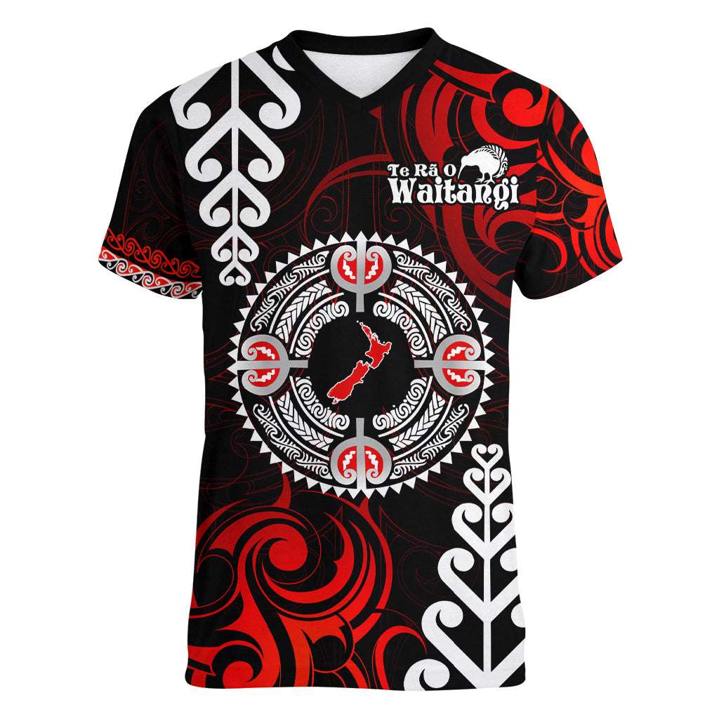 New Zealand Waitangi Day Personalised Women V Neck T Shirt Aotearoa Te Ra O Waitangi With Maori Tattoo LT9 Female Red - Polynesian Pride