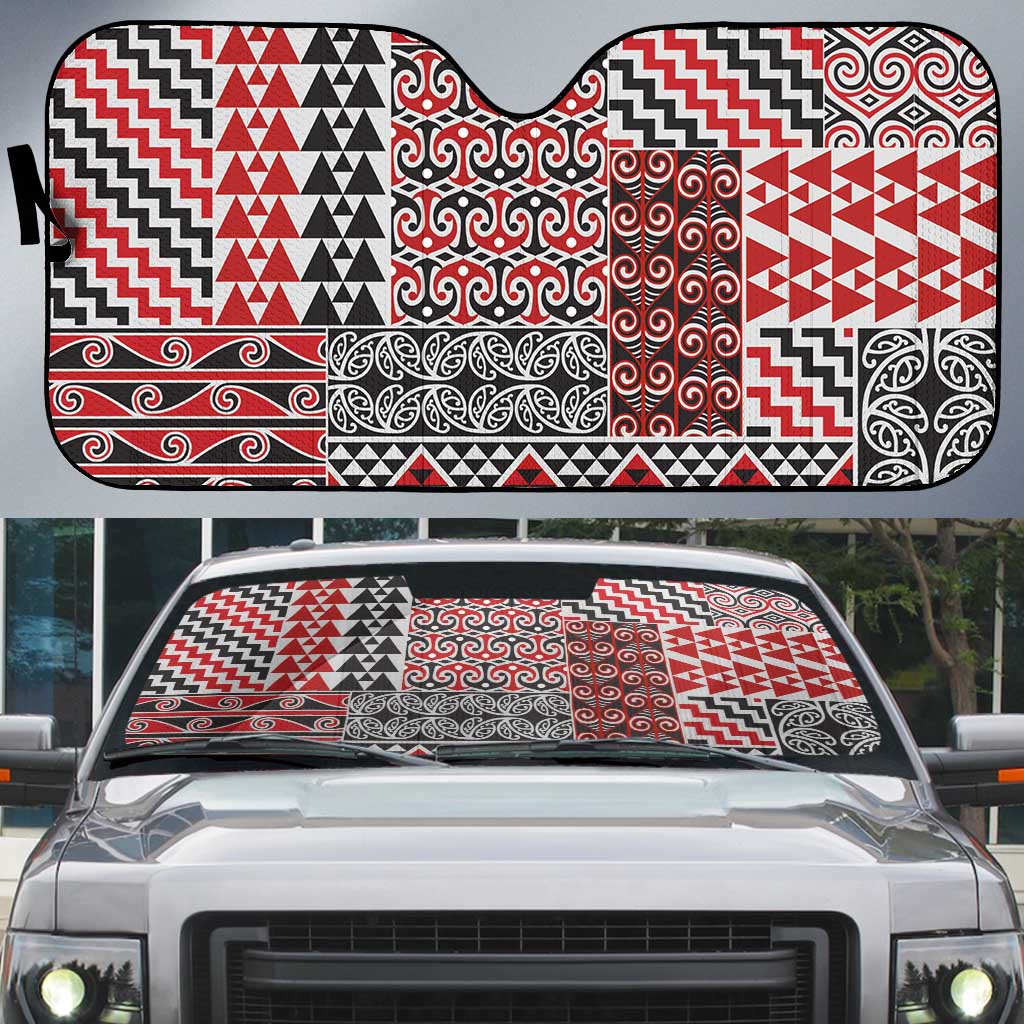Aotearoa Kowhaiwhai Taniko Patchwork Motifs Auto Sun Shade - Polynesian Pride