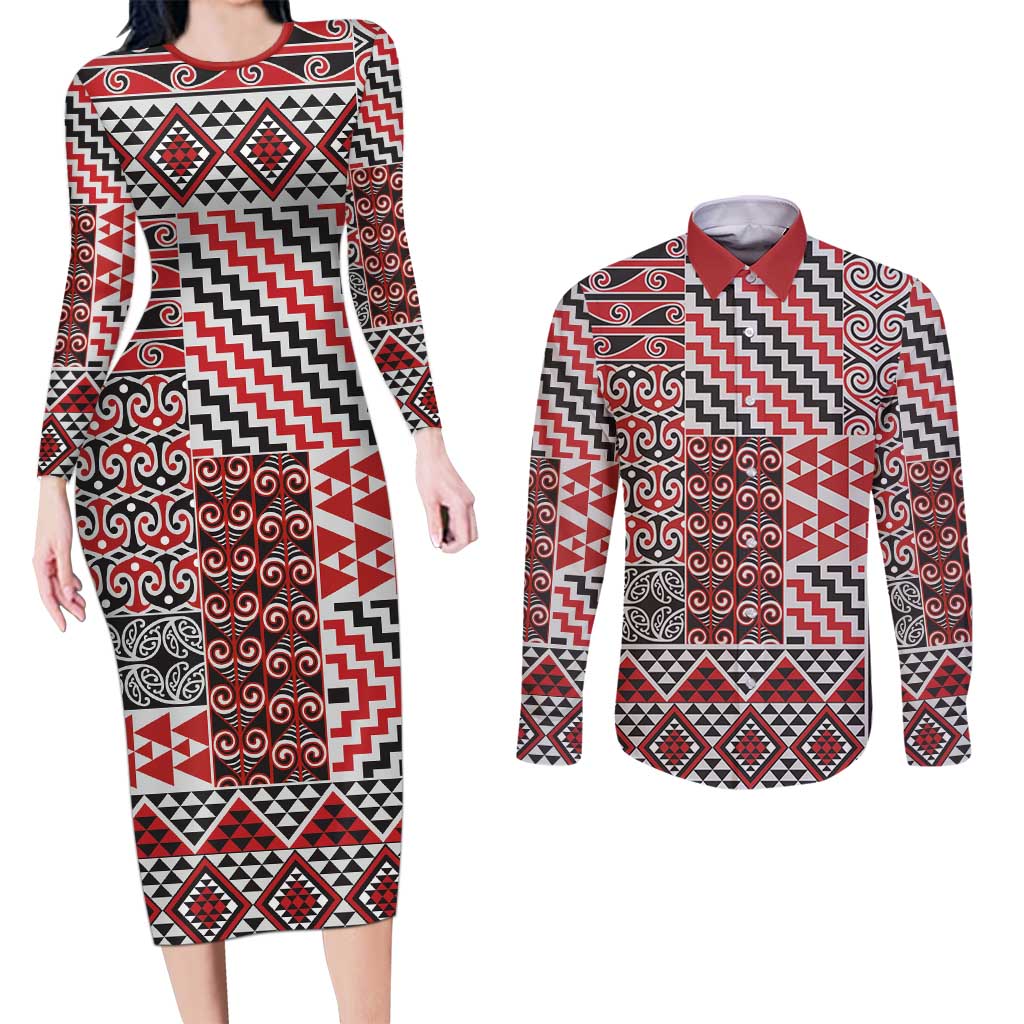 Aotearoa Kowhaiwhai Taniko Patchwork Motifs Couples Matching Long Sleeve Bodycon Dress and Long Sleeve Button Shirt LT9 Red - Polynesian Pride