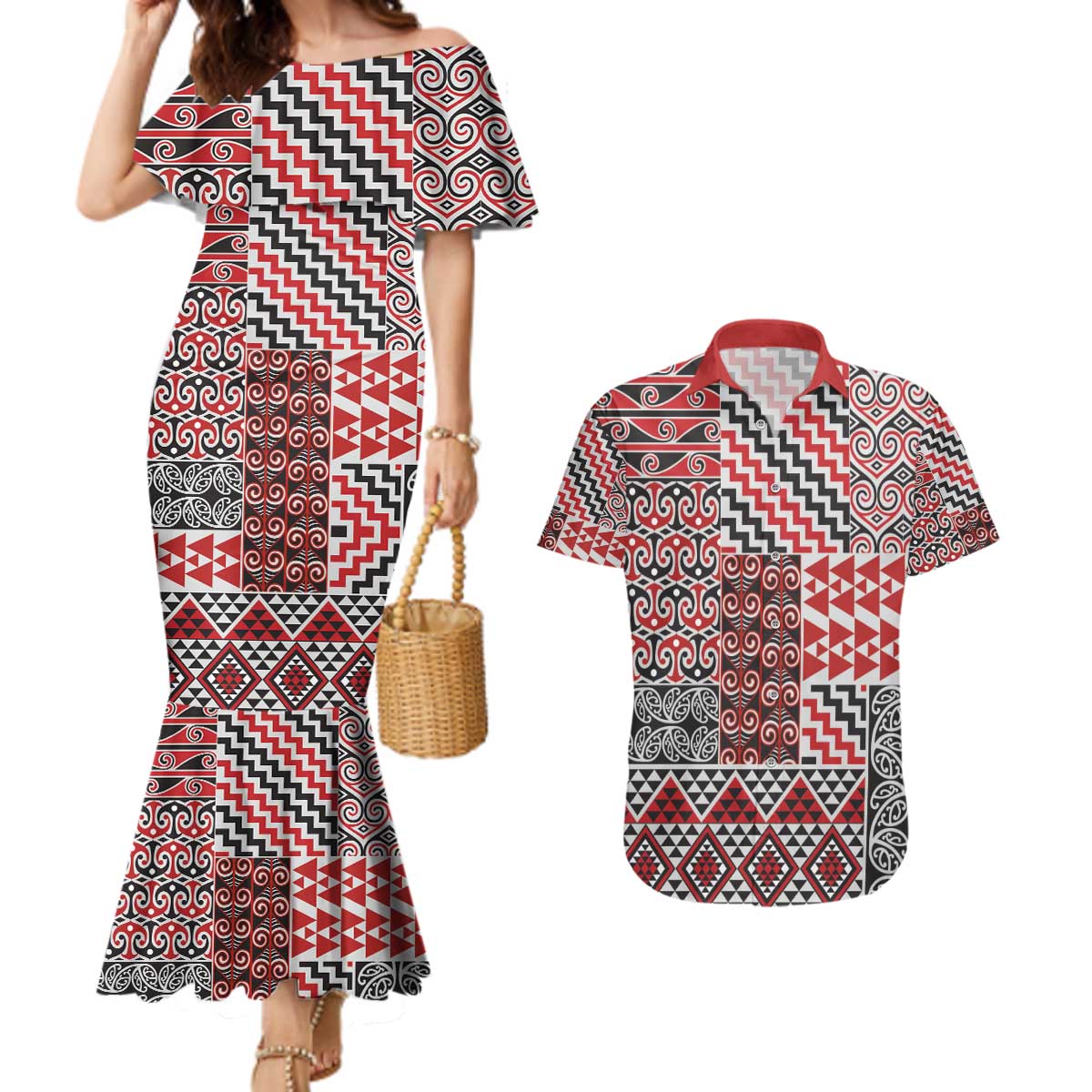 Aotearoa Kowhaiwhai Taniko Patchwork Motifs Couples Matching Mermaid Dress and Hawaiian Shirt LT9 Red - Polynesian Pride