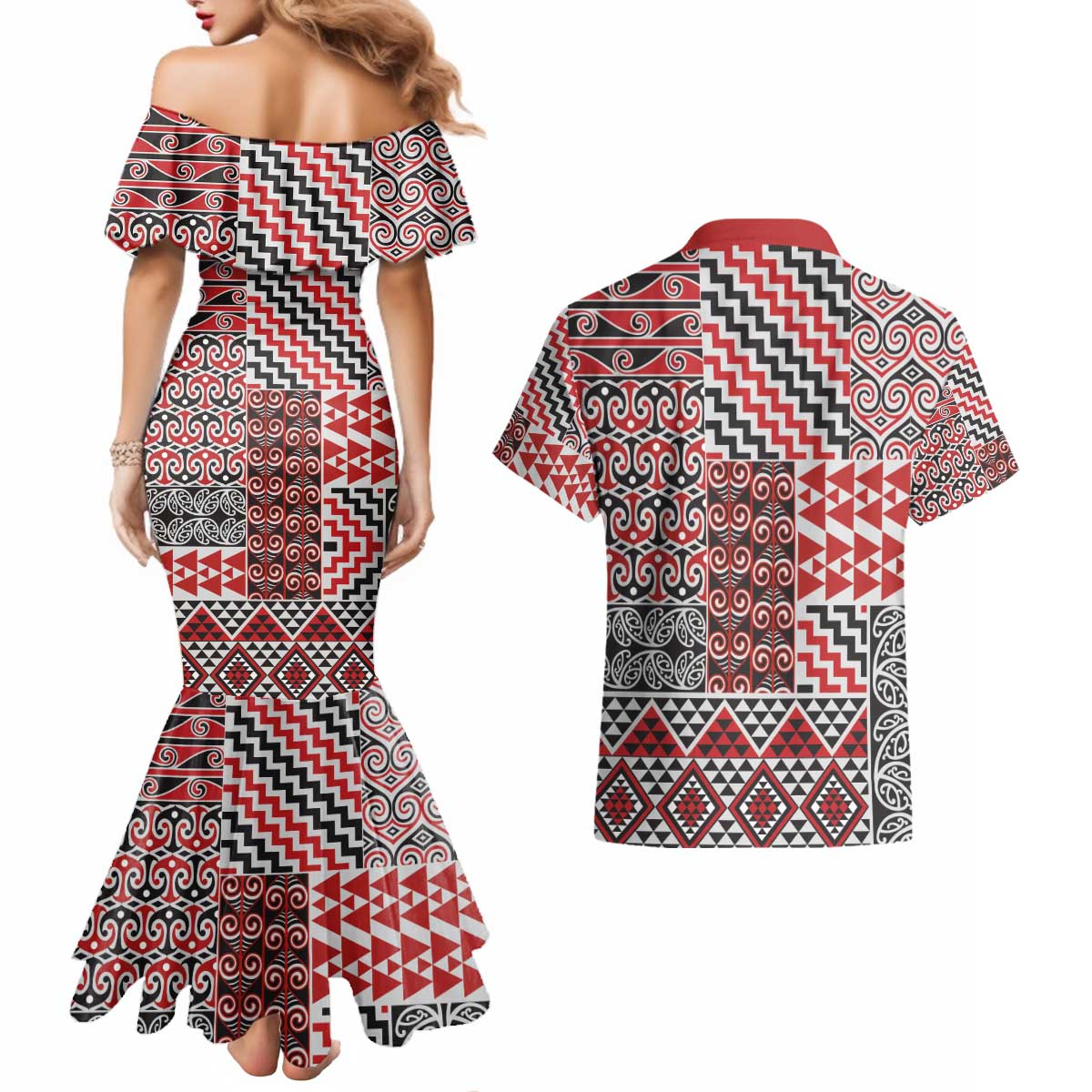 Aotearoa Kowhaiwhai Taniko Patchwork Motifs Couples Matching Mermaid Dress and Hawaiian Shirt LT9 - Polynesian Pride