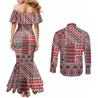 Aotearoa Kowhaiwhai Taniko Patchwork Motifs Couples Matching Mermaid Dress and Long Sleeve Button Shirt