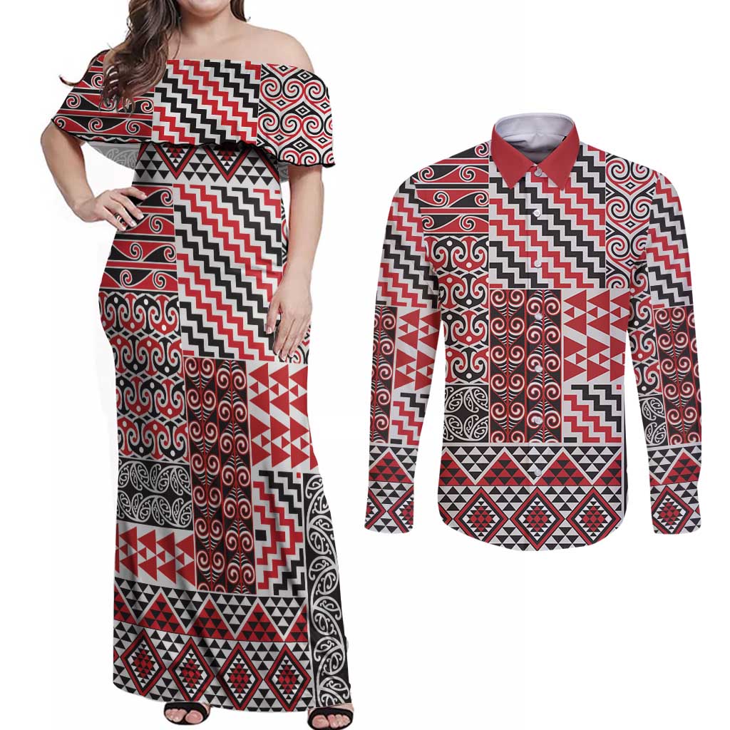 Aotearoa Kowhaiwhai Taniko Patchwork Motifs Couples Matching Off Shoulder Maxi Dress and Long Sleeve Button Shirt LT9 Red - Polynesian Pride