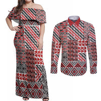 Aotearoa Kowhaiwhai Taniko Patchwork Motifs Couples Matching Off Shoulder Maxi Dress and Long Sleeve Button Shirt LT9 Red - Polynesian Pride