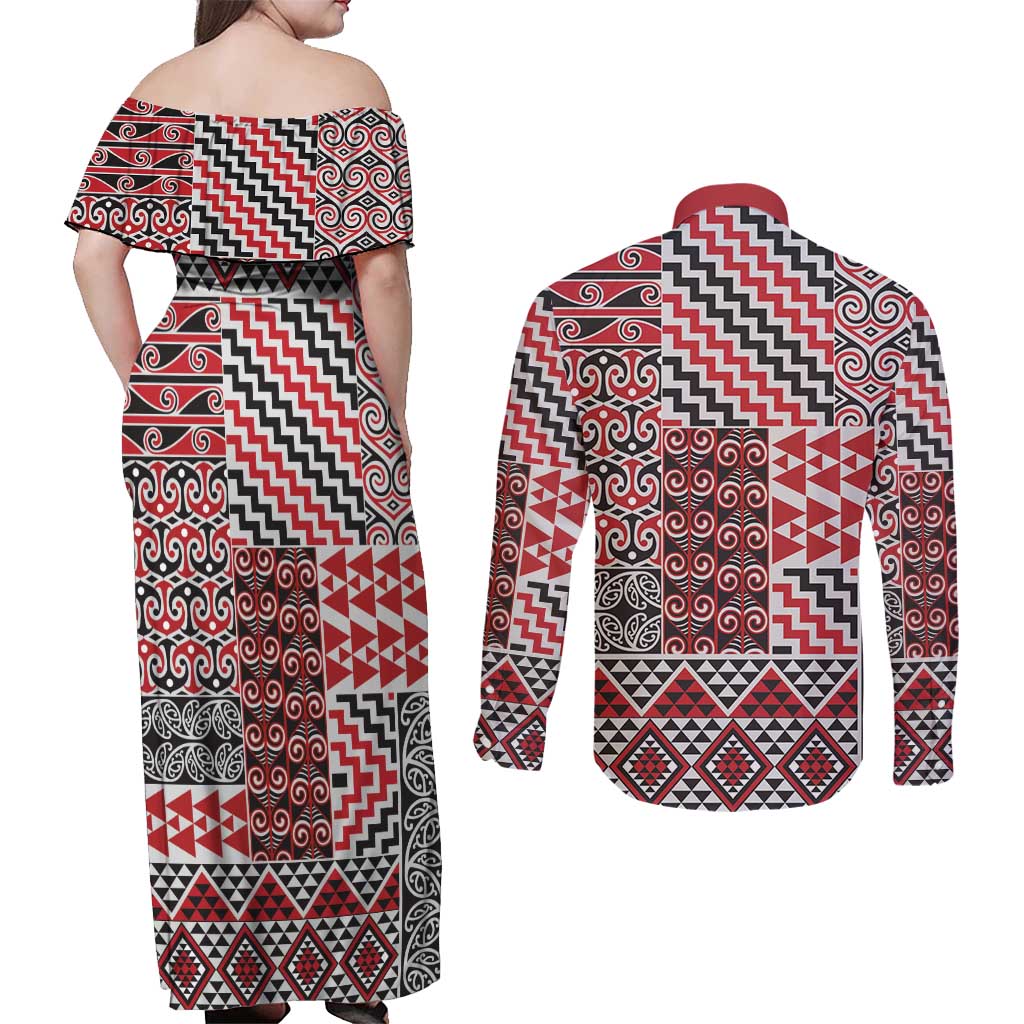 Aotearoa Kowhaiwhai Taniko Patchwork Motifs Couples Matching Off Shoulder Maxi Dress and Long Sleeve Button Shirt LT9 - Polynesian Pride