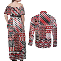 Aotearoa Kowhaiwhai Taniko Patchwork Motifs Couples Matching Off Shoulder Maxi Dress and Long Sleeve Button Shirt LT9 - Polynesian Pride
