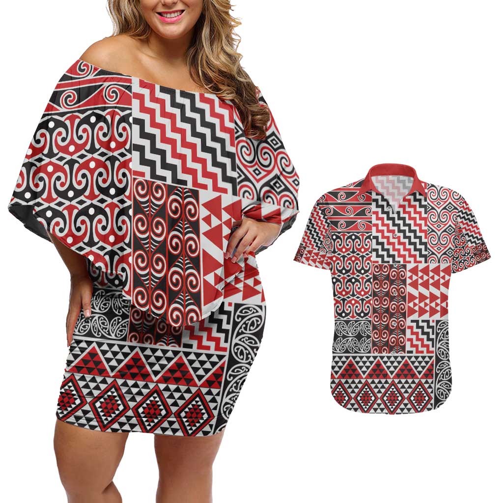 Aotearoa Kowhaiwhai Taniko Patchwork Motifs Couples Matching Off Shoulder Short Dress and Hawaiian Shirt LT9 Red - Polynesian Pride