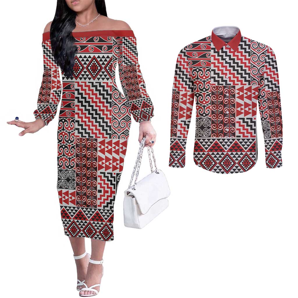 Aotearoa Kowhaiwhai Taniko Patchwork Motifs Couples Matching Off The Shoulder Long Sleeve Dress and Long Sleeve Button Shirt LT9 Red - Polynesian Pride