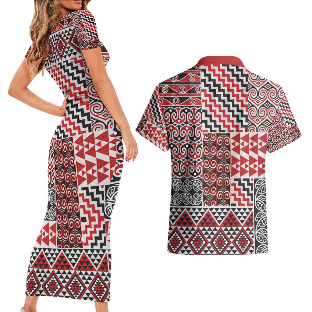 Aotearoa Kowhaiwhai Taniko Patchwork Motifs Couples Matching Short Sleeve Bodycon Dress and Hawaiian Shirt LT9 - Polynesian Pride