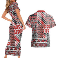 Aotearoa Kowhaiwhai Taniko Patchwork Motifs Couples Matching Short Sleeve Bodycon Dress and Hawaiian Shirt LT9 - Polynesian Pride