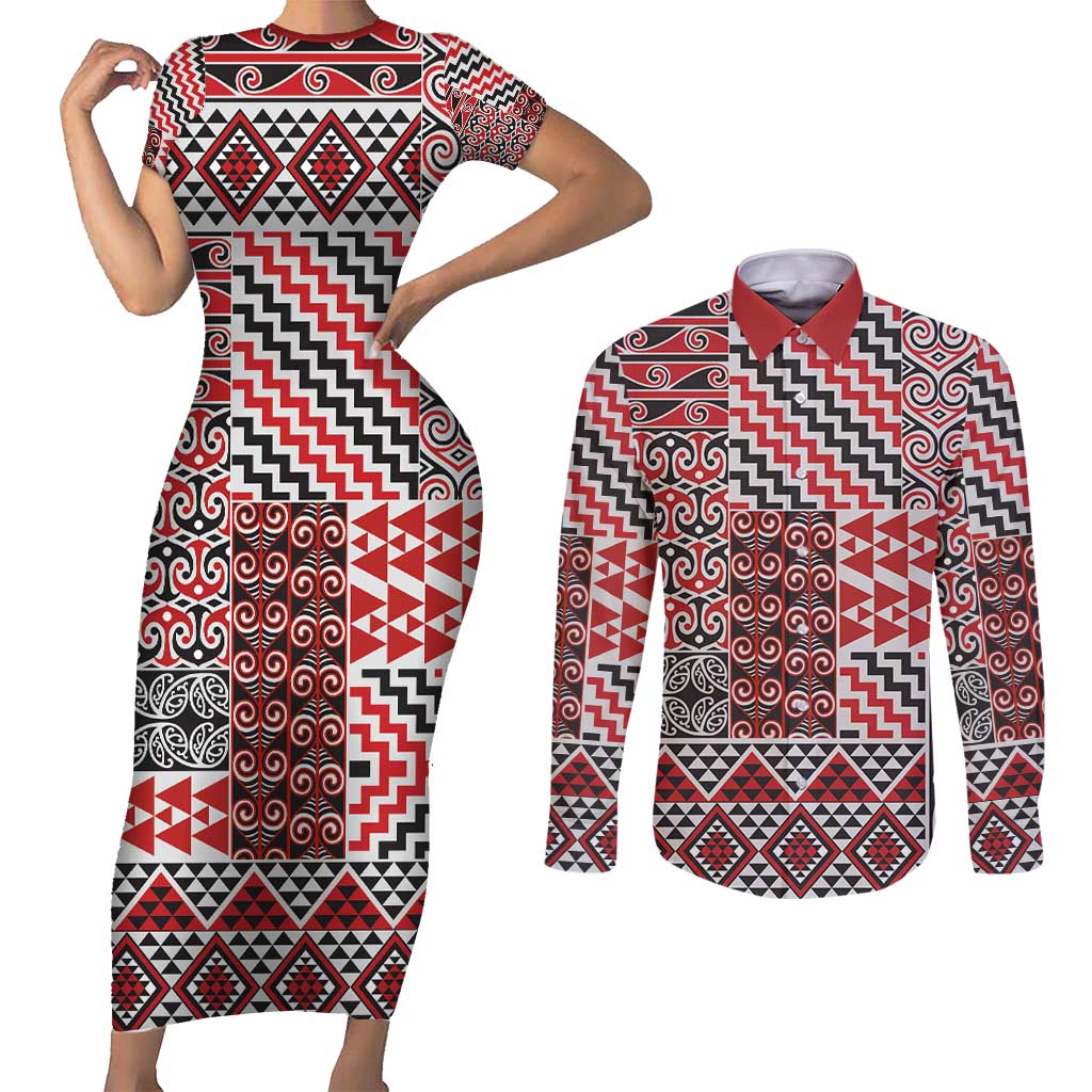 Aotearoa Kowhaiwhai Taniko Patchwork Motifs Couples Matching Short Sleeve Bodycon Dress and Long Sleeve Button Shirt LT9 Red - Polynesian Pride