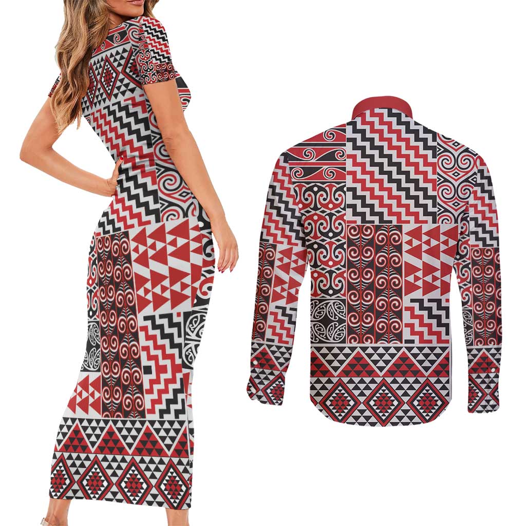 Aotearoa Kowhaiwhai Taniko Patchwork Motifs Couples Matching Short Sleeve Bodycon Dress and Long Sleeve Button Shirt