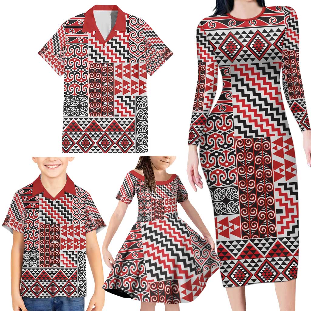 Aotearoa Kowhaiwhai Taniko Patchwork Motifs Family Matching Long Sleeve Bodycon Dress and Hawaiian Shirt LT9 - Polynesian Pride