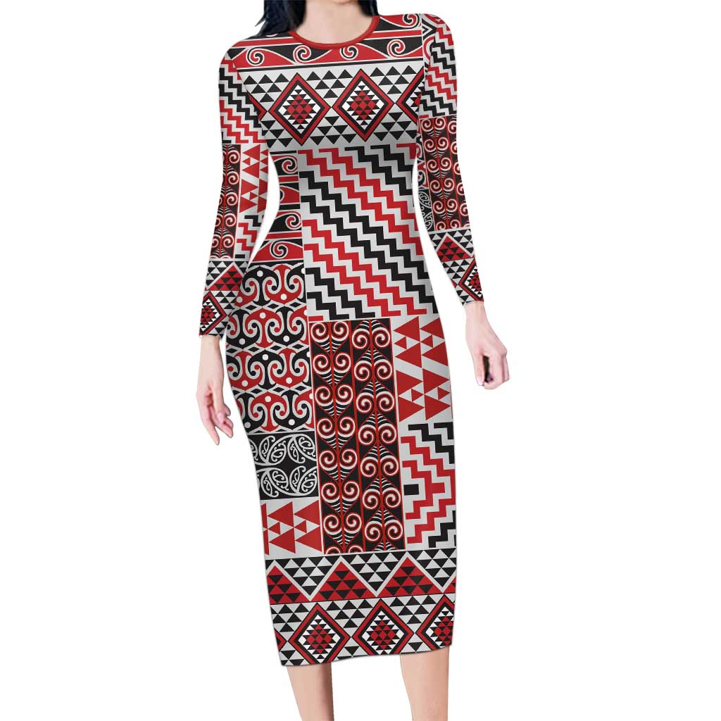 Aotearoa Kowhaiwhai Taniko Patchwork Motifs Family Matching Long Sleeve Bodycon Dress and Hawaiian Shirt