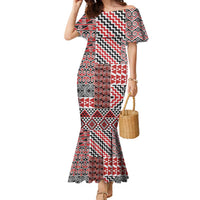 Aotearoa Kowhaiwhai Taniko Patchwork Motifs Family Matching Mermaid Dress and Hawaiian Shirt LT9 Mom's Dress Red - Polynesian Pride