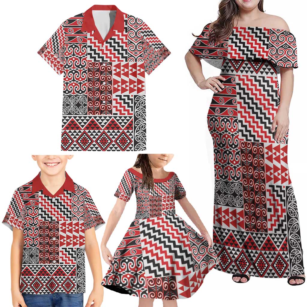 Aotearoa Kowhaiwhai Taniko Patchwork Motifs Family Matching Off Shoulder Maxi Dress and Hawaiian Shirt LT9 - Polynesian Pride